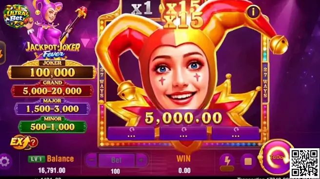 Interface do jogo Jackpot Joker com tema clássico de frutas e Coringa